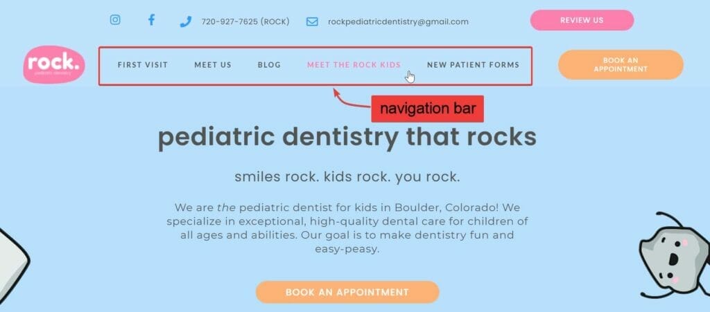 Pediatric Dentist Website Design navigation bar