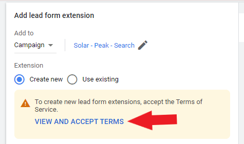 View and accept terms for lead forms
