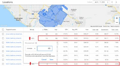 Adjust biddings on zip codes