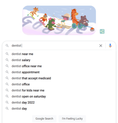 Google autocomplete suggestion for the keyword dentist