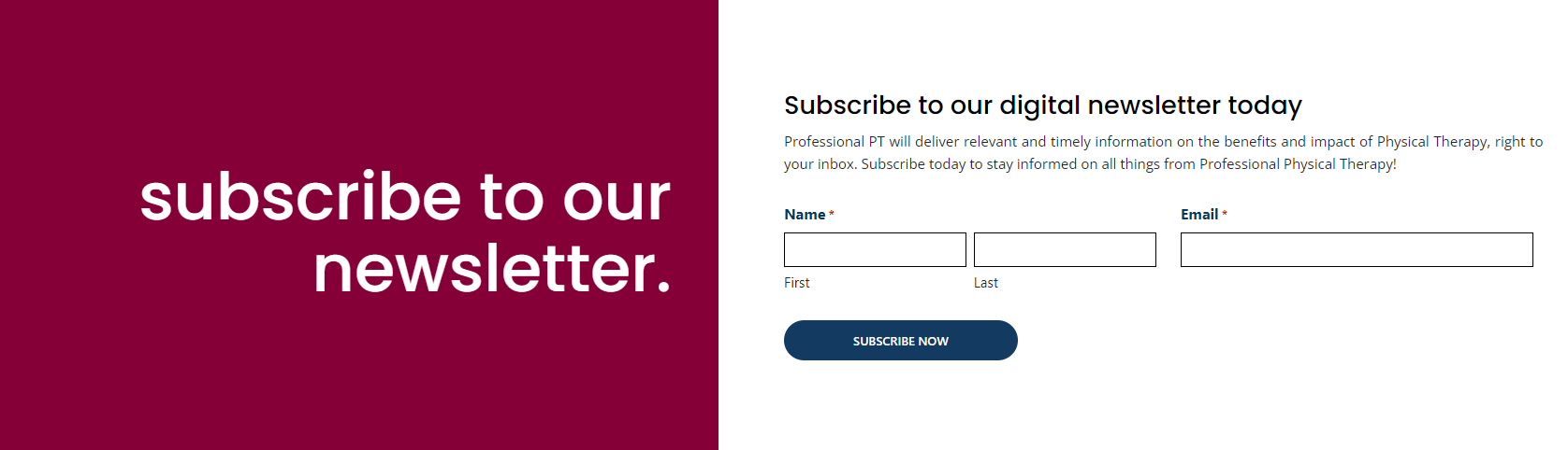 Newsletter section in a physical therapsit website