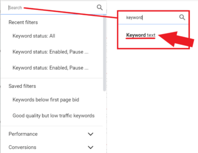 Filter by keyword text