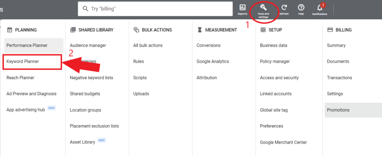 Go to 'Tools & Settings' and click 'Keyword Planner'.