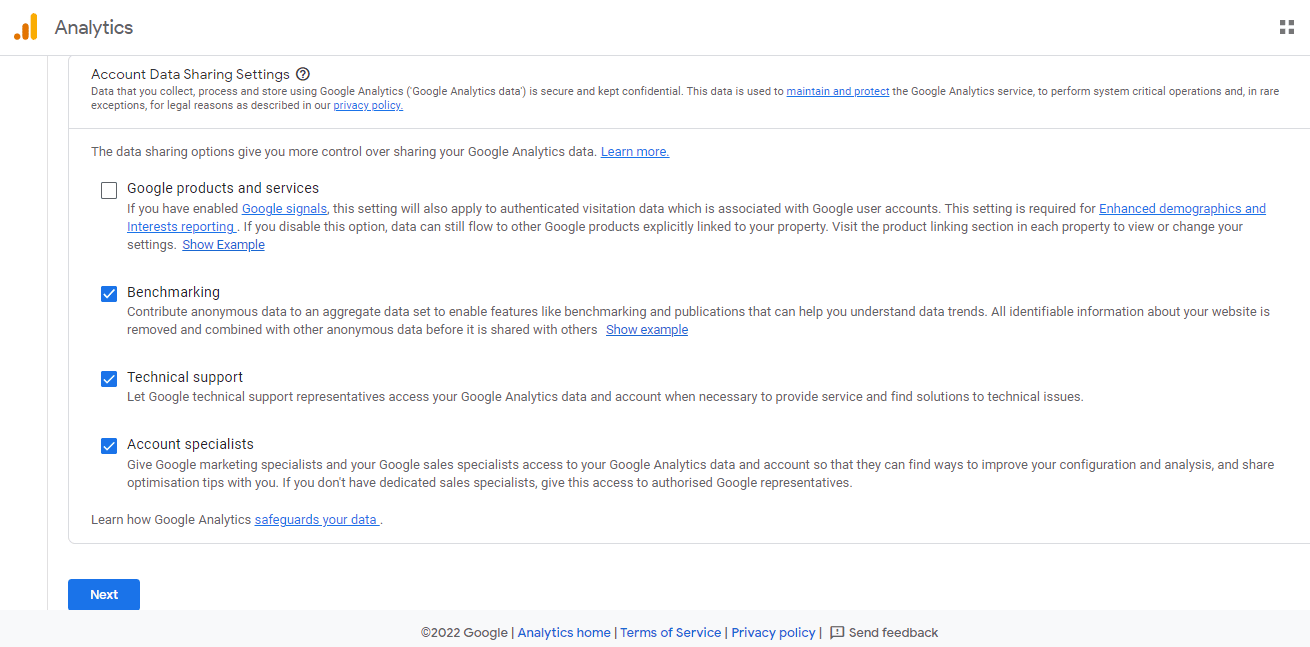 Account data sharing settings in Google Analytics