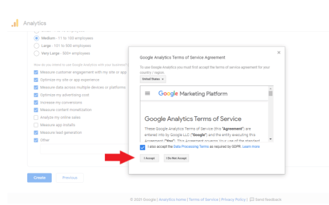 Google Analytics Terms of Service pop-up
