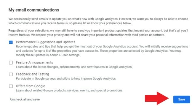 Pop-up asking the kind of emails you want to receive whenever there are updates from Google Analytics for physical therapists