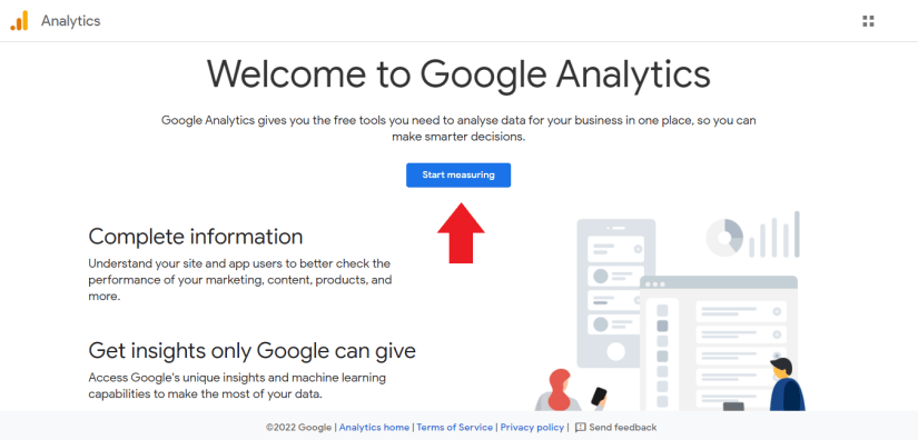 Arrow pointing at "start measuring" in Google Analytic's homepage