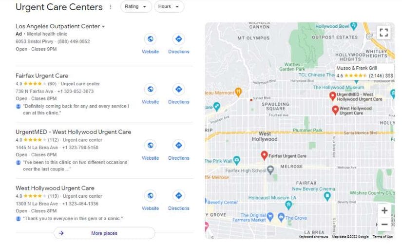 Google map pack results for urgetn care centers in California