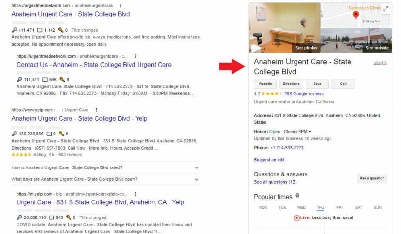 Sample of an Urgent Care Google My Business profile on search results