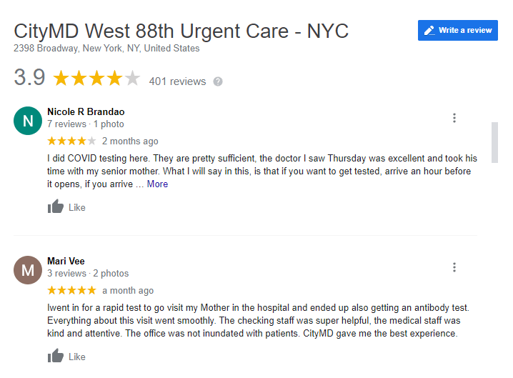 Google My Business review of an urgent care clinic