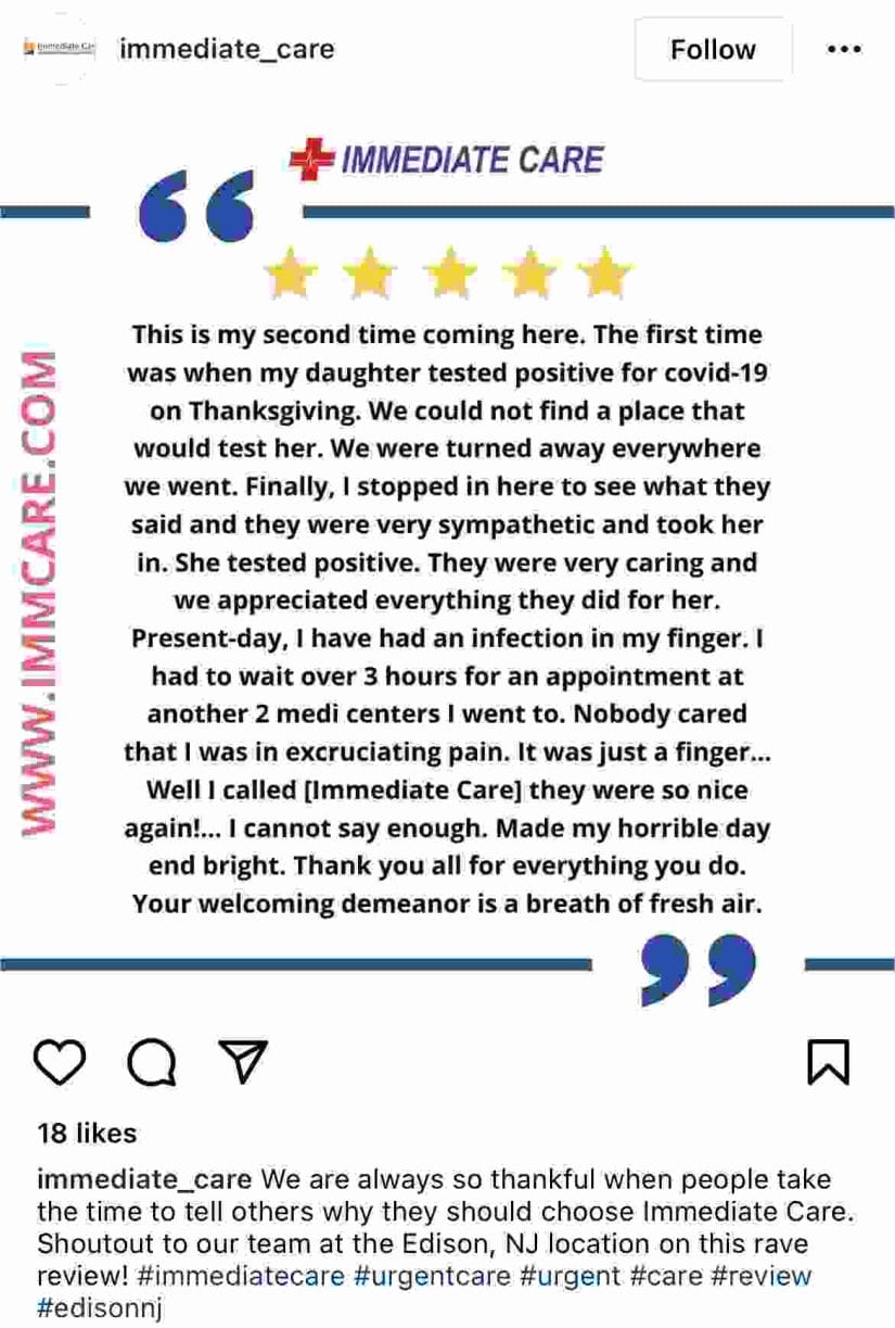 Testimonial of a patient shared by an urgent care clinic on Instagram