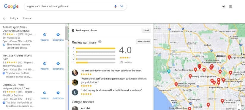 Google My Business results for urgent care centers in Los Angeles, CA