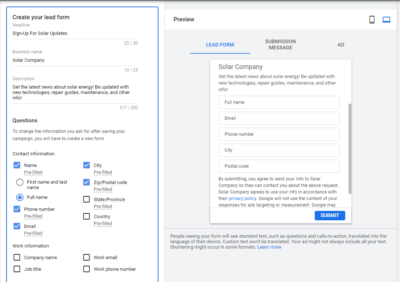 Set up lead form information