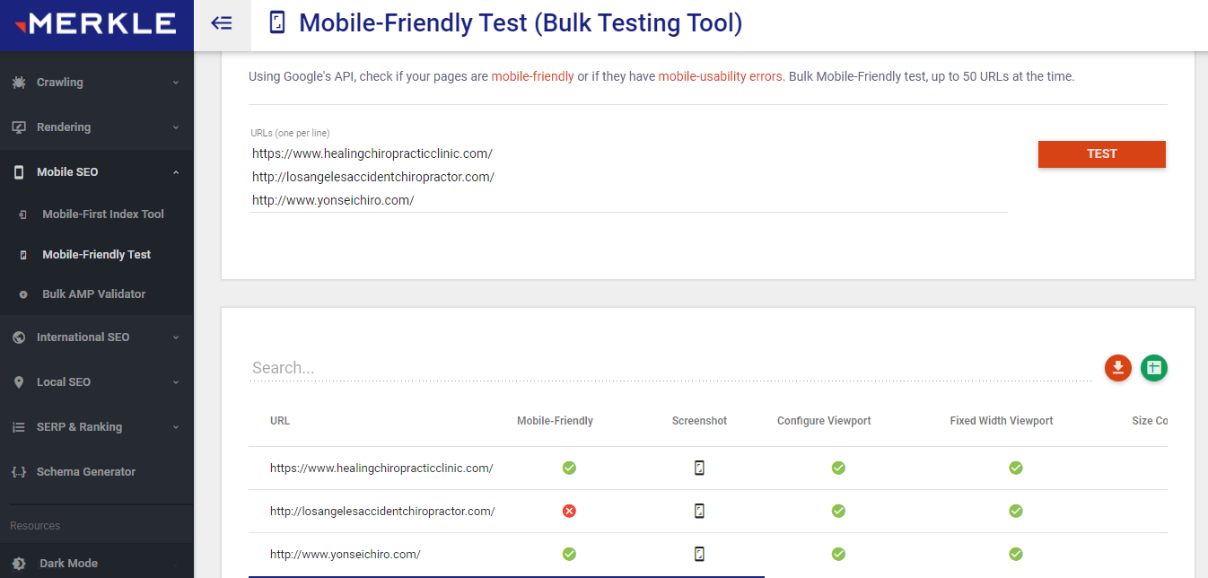 Tehnical SEO mobile friendly check results of three chiropractic websites