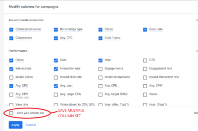 Save multiple column sets