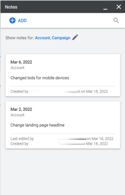 List of all notes in Google Ads