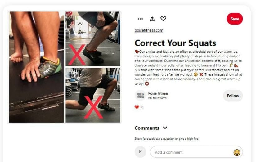 Pinterest post about the correct way to do squats
