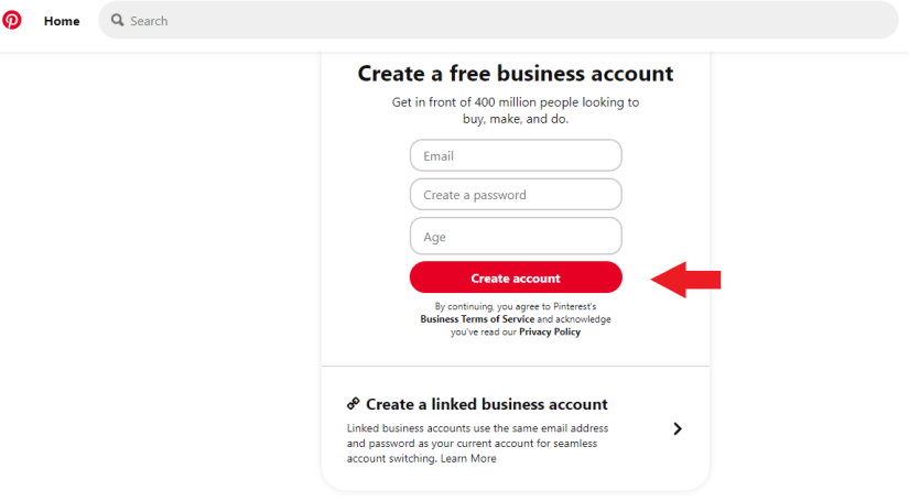Arrow pointing at "Create account" button