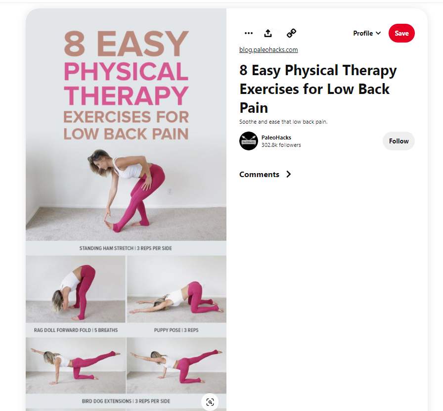  Pinterest post about 8 physical therapy exercises for low back pain