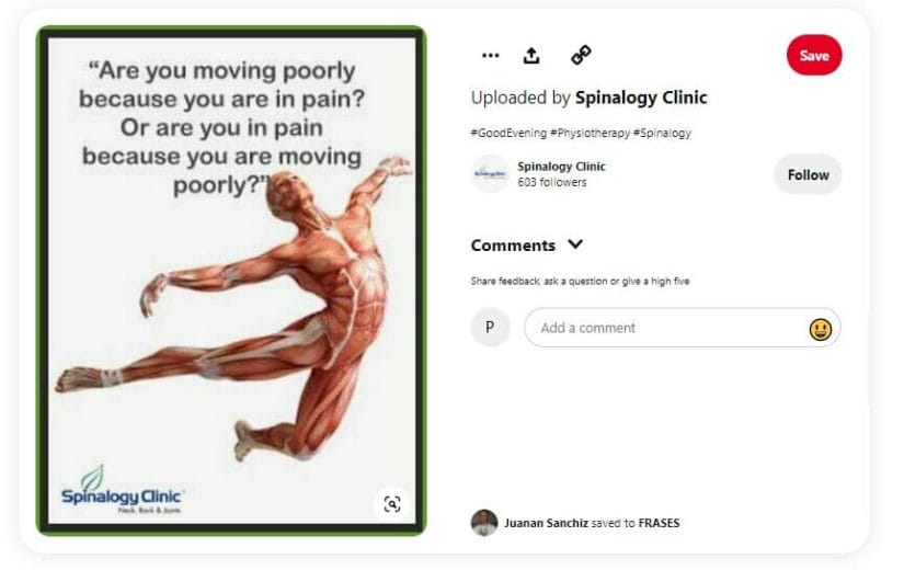 Sample tagline of a physical therapy clinic on Pinterest