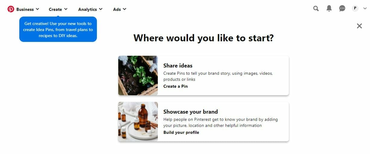 Page asking you where to start after creating a Pinterest business profile for physical therapists