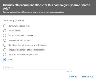 Reason for dismissing recommendations