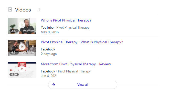 Google Search Results showing videos about a physical therapy clinic