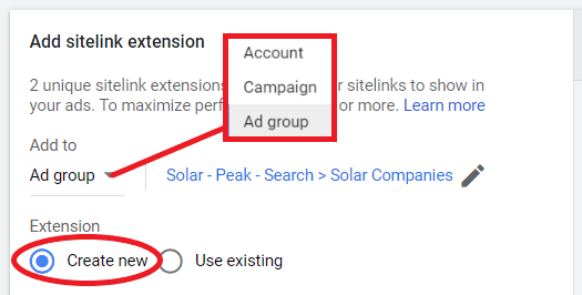 Choose ad group level and create new for extension