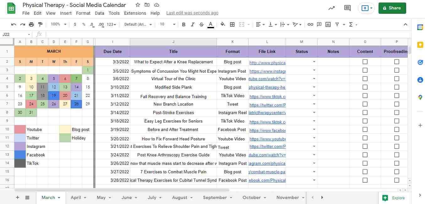 Sample of a social media calendar for physical therapists using Google Sheets