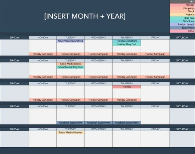 Sample of Hubspot's social media calendar template