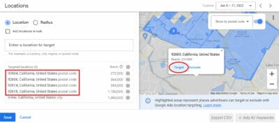 Click and target postal codes