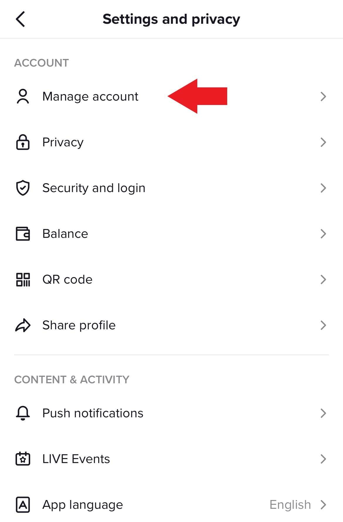 Arrow pointing at the "manage account" in TikTok