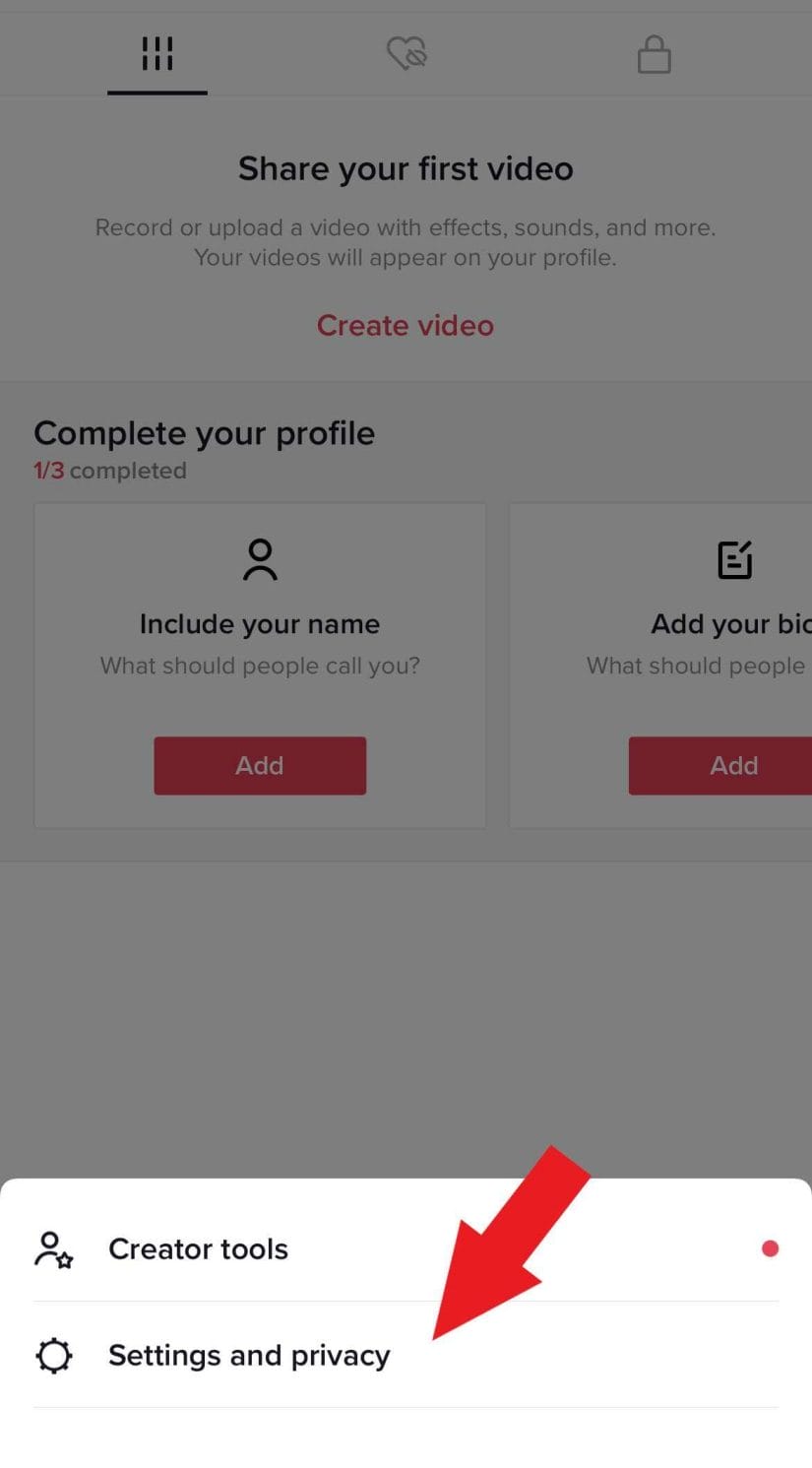 Arrow pointing at the "Settings and privacy" on TikTok