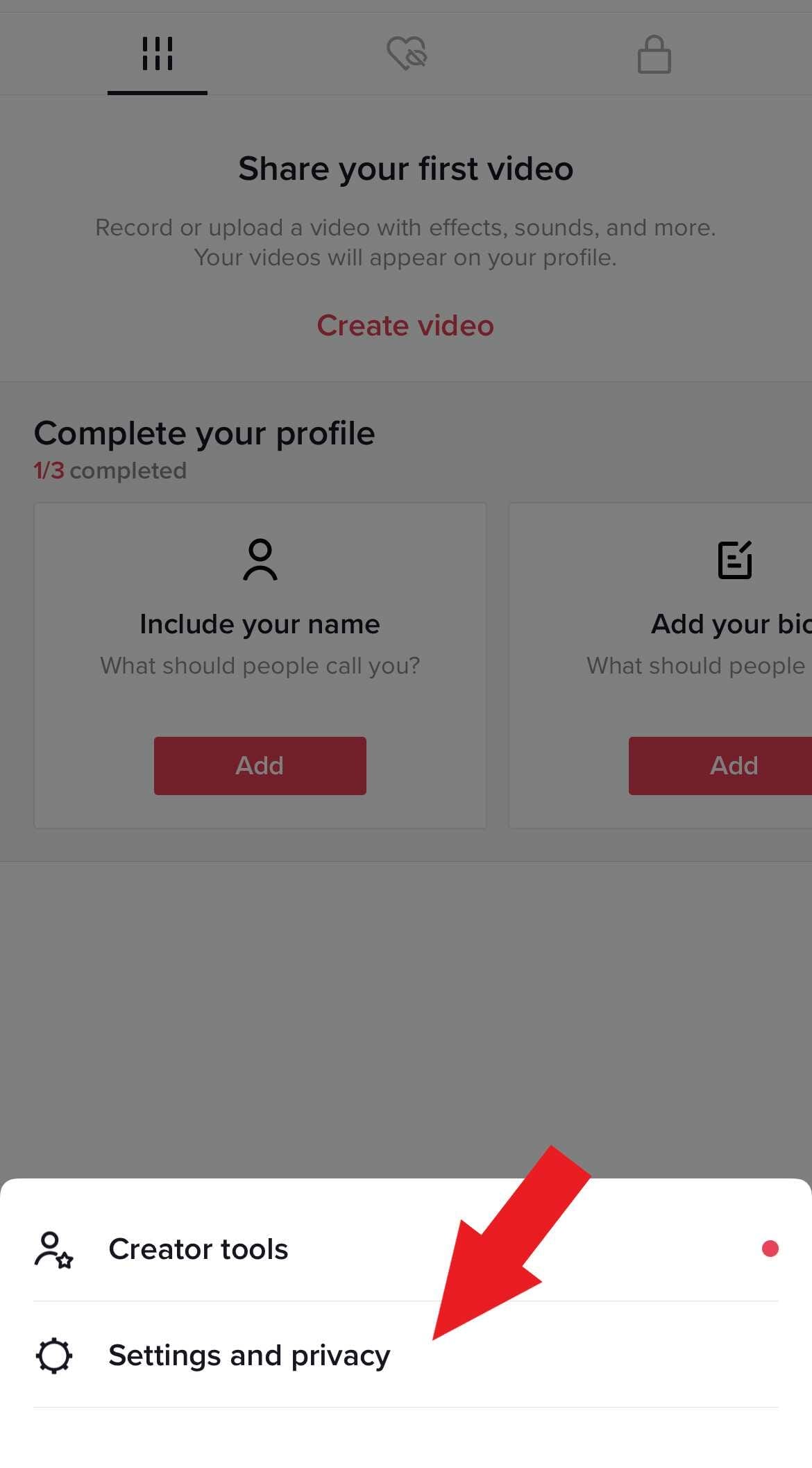 Arrow pointing at the "Settings and privacy" on TikTok