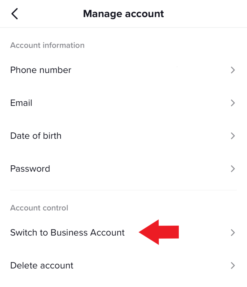 Arrow pointing at "switch to business account" on TikTok