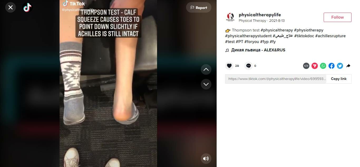 A TikTok video of a Thompson test performed by a physical therapist