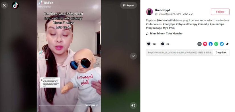 Tiktok video of a physical therapist teaching how to help babies sit