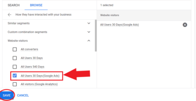 All users 30 days audience segment from Google Analytics