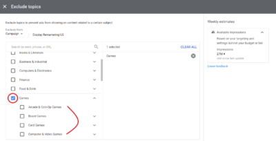 Select topics you want to exclude, this will optimize remarketing campaign easier
