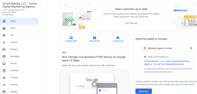 Google My Business account interface for YoyofuMedia
