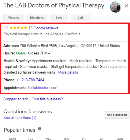 Complete information about a physical therapy clinic on Google My Business