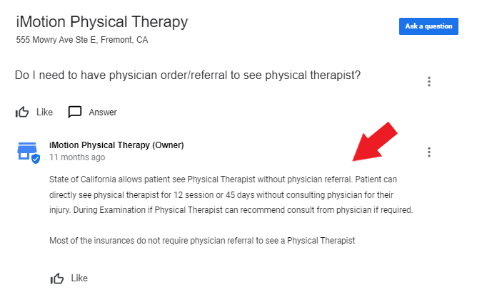 PT clinic responding to a question raised by a potential patient