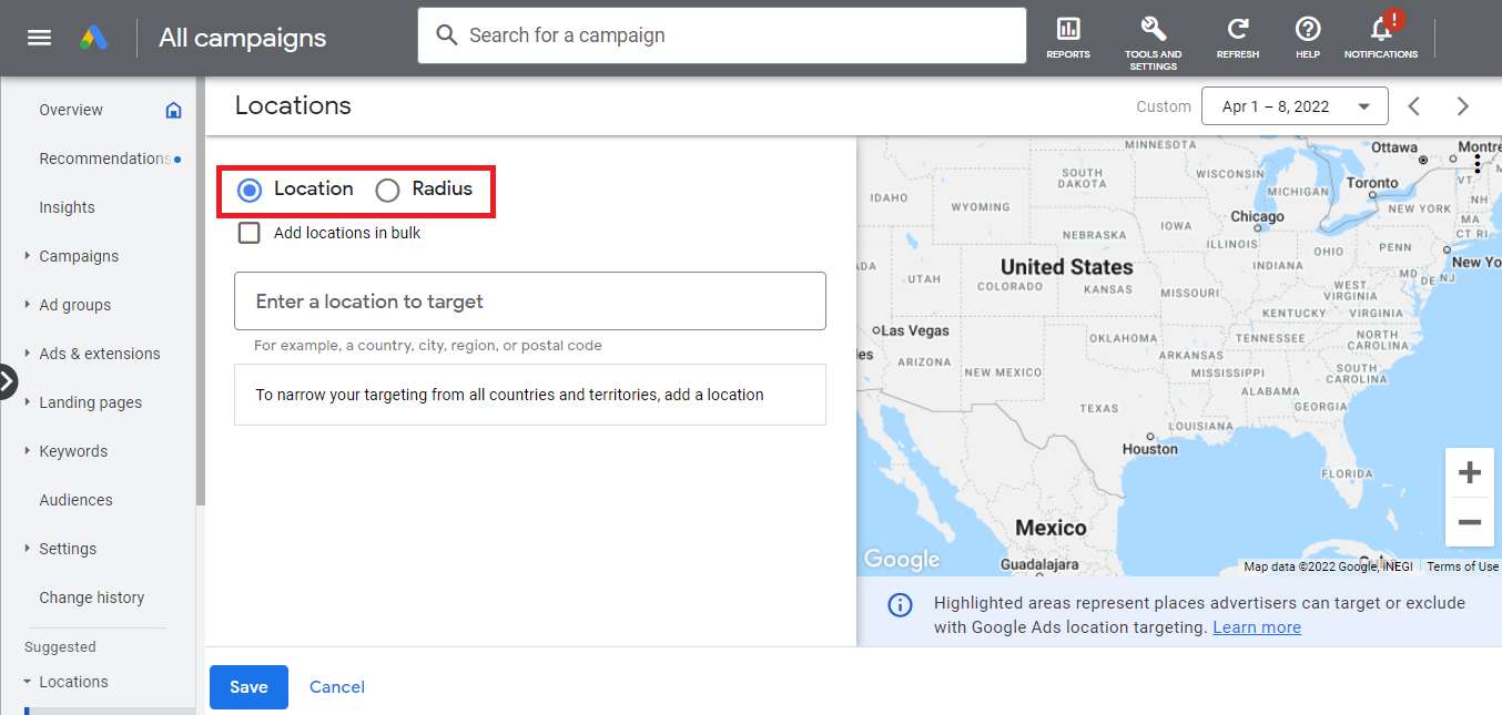 Managing target location in Google PPC