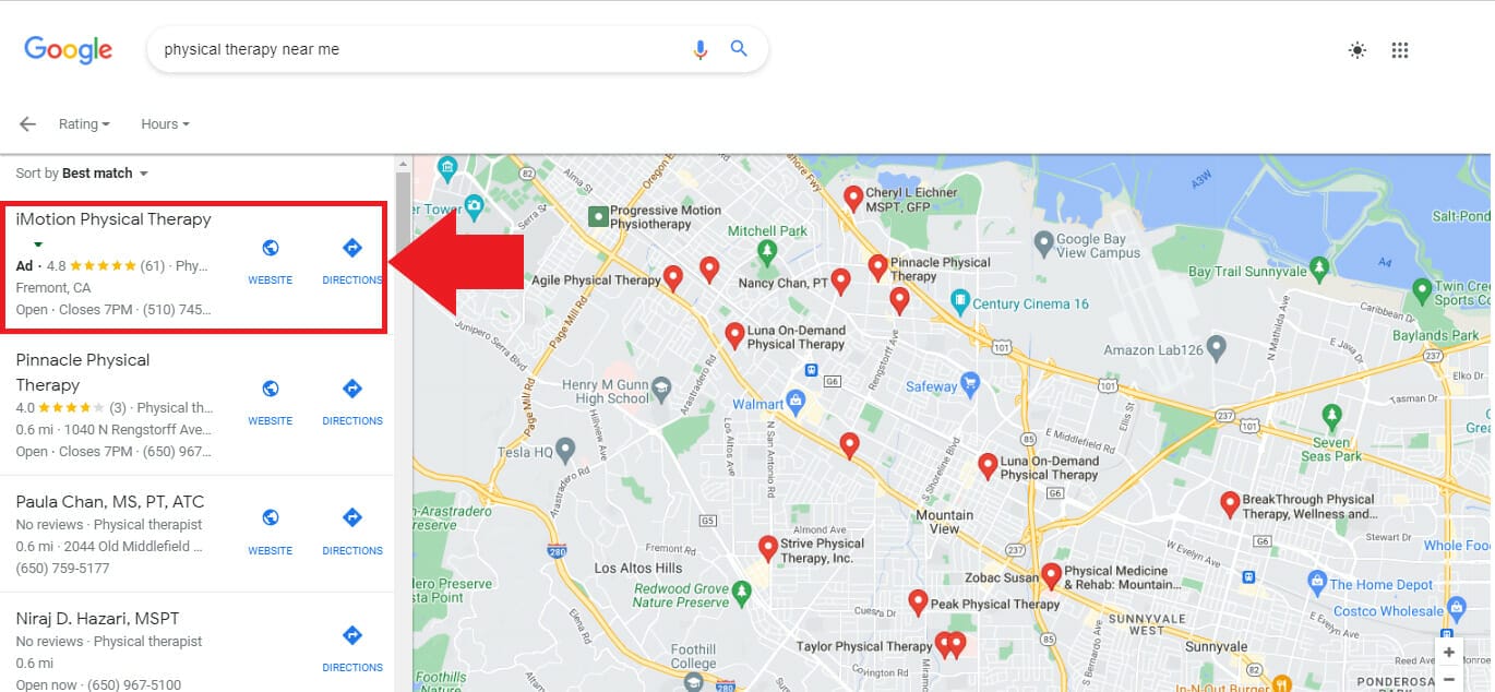 Example of a physical therapist ad on Google Maps