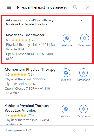 Google Maps result for physical therapists in Los Angeles, CA