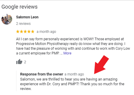Physical Therapy clinic responding to a patient review