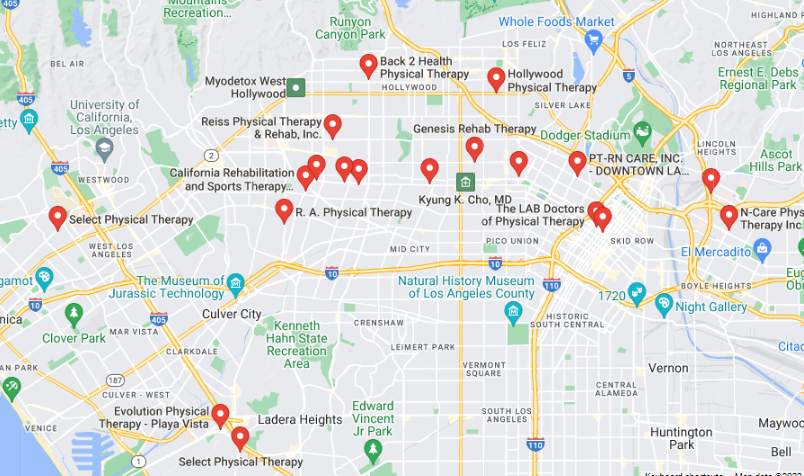 Google Maps results for physical therapy clinics in Los Angeles, CA