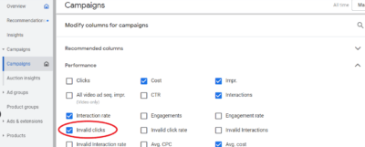 Select invalid clicks to add it in the column