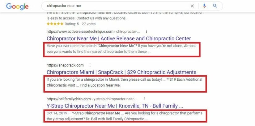 Meta description of Google's SERP for "chiropractor near me"