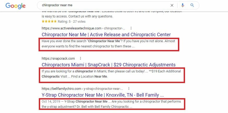 Meta description of Google's SERP for "chiropractor near me"
